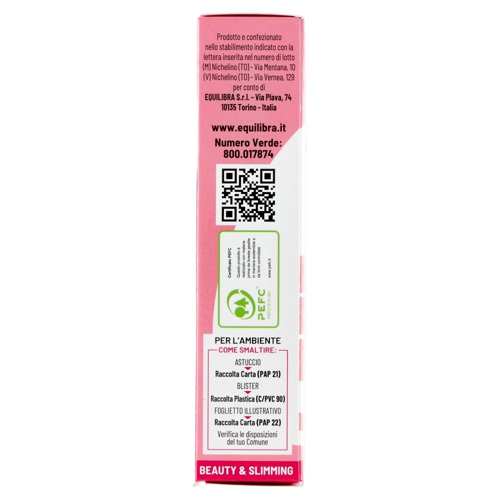 Seitenansicht der Verpackung von Equilibra® Perdita di Peso™. Enthält Informationen zur Entsorgung und Kontaktinformationen.