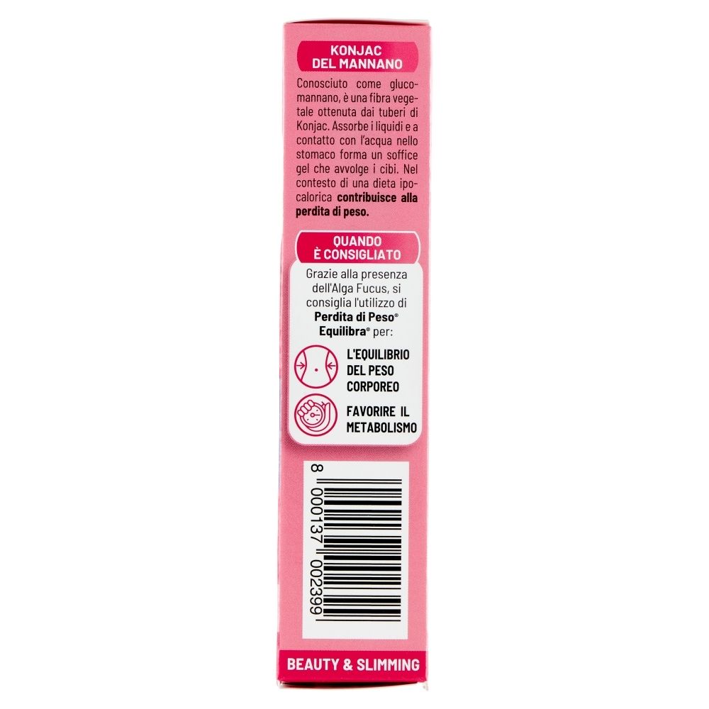 Seitenansicht der Verpackung von Equilibra® Perdita di Peso™. Beschreibt die Verwendung von Konjak-Mannan und Alga Fucus.