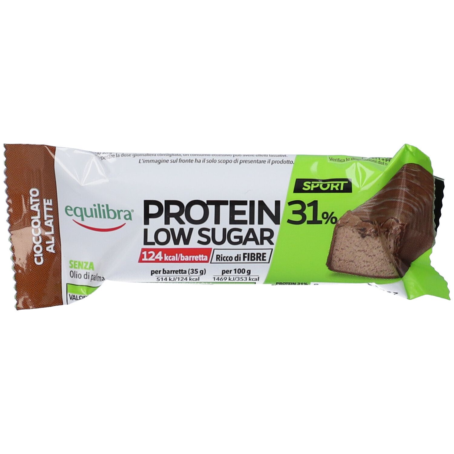 Proteinriegel mit Milchschokolade, teilweise angeschnitten. Grüne und weiße Verpackung mit Produktinformationen und Marke Equilibra.