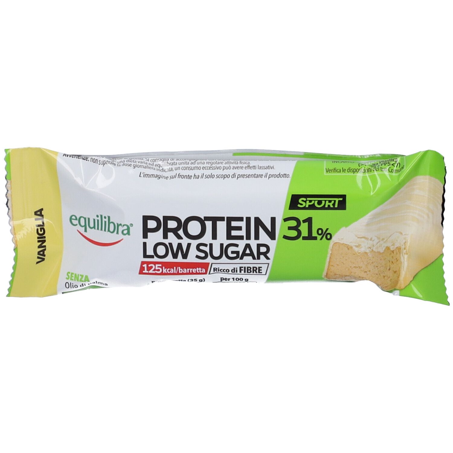 Proteinriegel mit niedrigem Zuckergehalt, Vanille. Verpackung mit Produktabbildung. Text: Equilibra, Protein, Low Sugar, 31%.