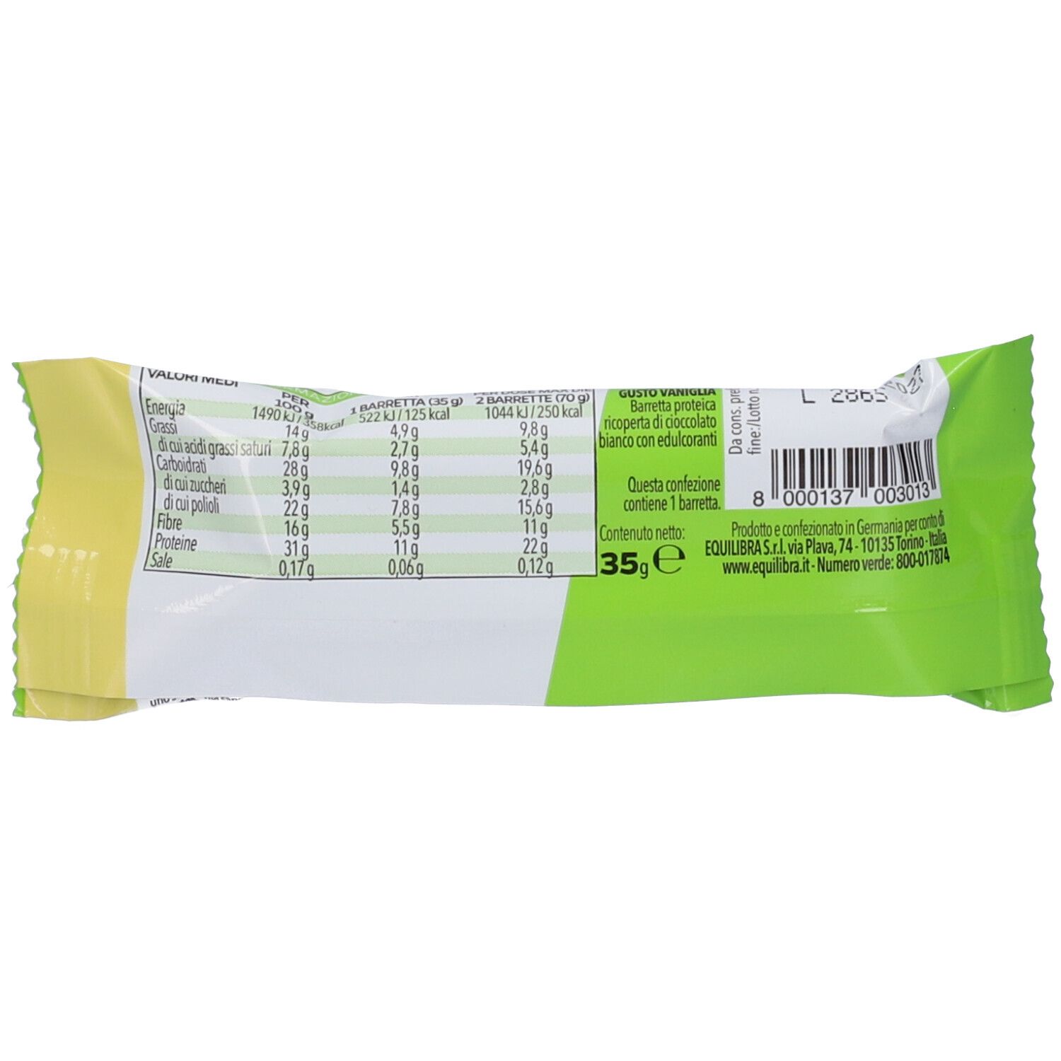 Rückseite der Proteinriegel-Verpackung. Enthält Nährwertangaben und Text. Text: Equilibra, 35g.