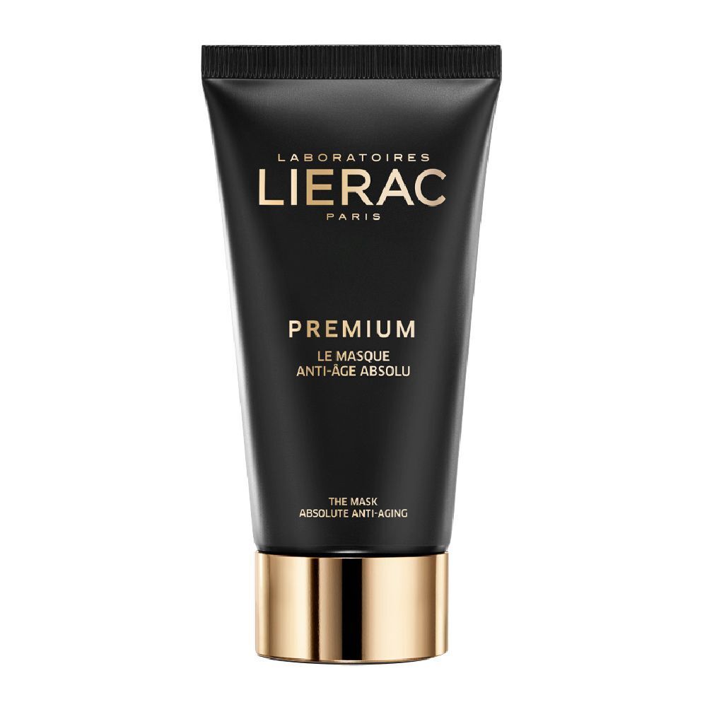 Tube noire avec bouchon doré. Inscription: LIERAC PARIS, PREMIUM, Le Masque Anti-Âge Absolu.