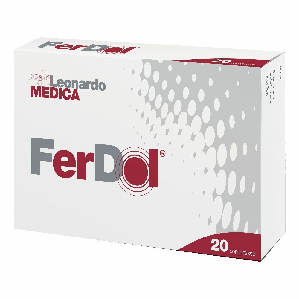 Weiße Ferdol-Verpackung mit rotem Logo und Schriftzug. Enthält 20 Tabletten. Marke Leonardo Medica.