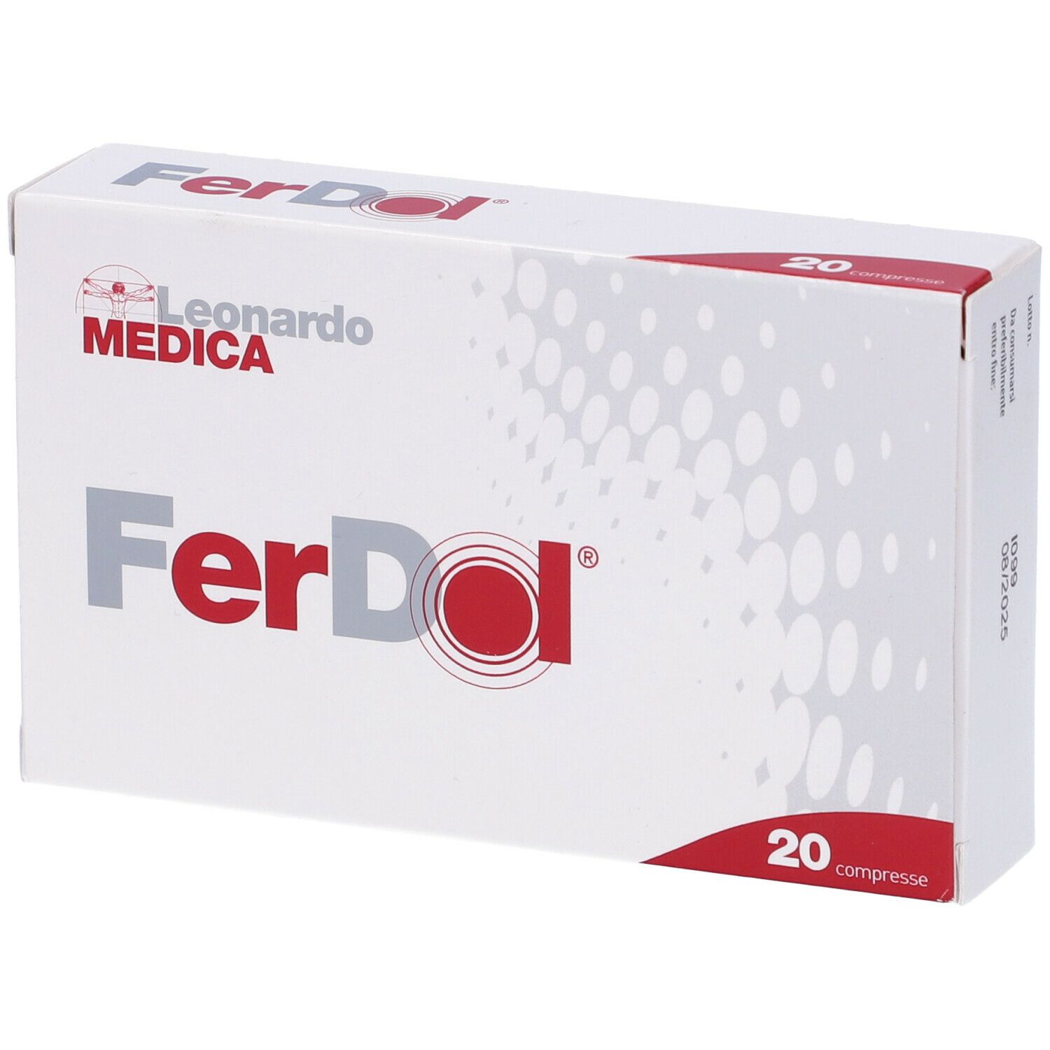 Ferdol-Verpackung, weiß mit rotem Logo und Schriftzug. Enthält 20 Tabletten. Marke Leonardo Medica.
