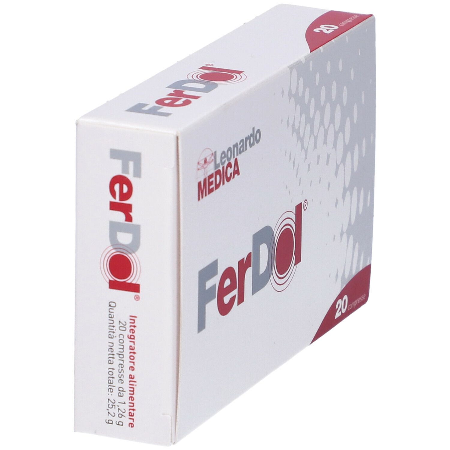 Ferdol-Verpackung, weiß mit rotem Logo und Schriftzug. Enthält 20 Tabletten. Marke Leonardo Medica.