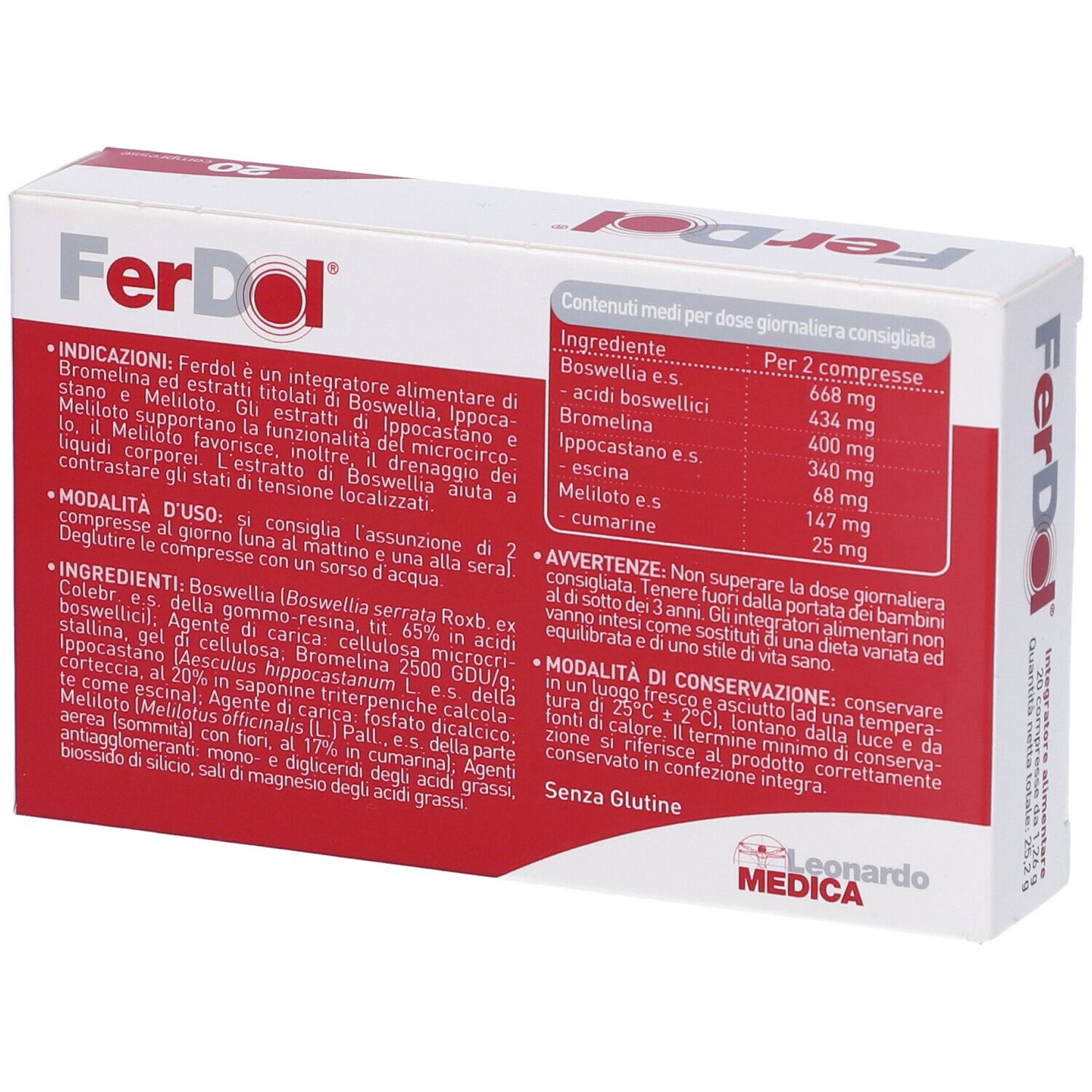 Ferdol-Verpackung, weiß mit rotem Logo und Schriftzug. Rückseite mit Inhaltsangaben und Inhaltsstoffen.