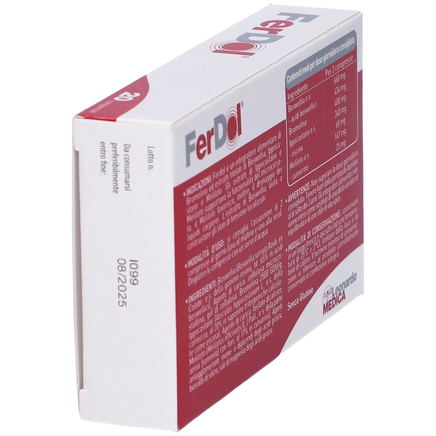 Ferdol-Verpackung, weiß mit rotem Logo und Schriftzug. Rückseite mit Inhaltsangaben und Inhaltsstoffen.