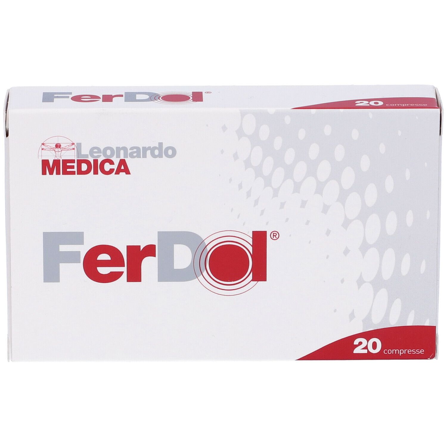 Weiße Ferdol-Verpackung mit rotem Logo und Schriftzug. Enthält 20 Tabletten. Marke Leonardo Medica.