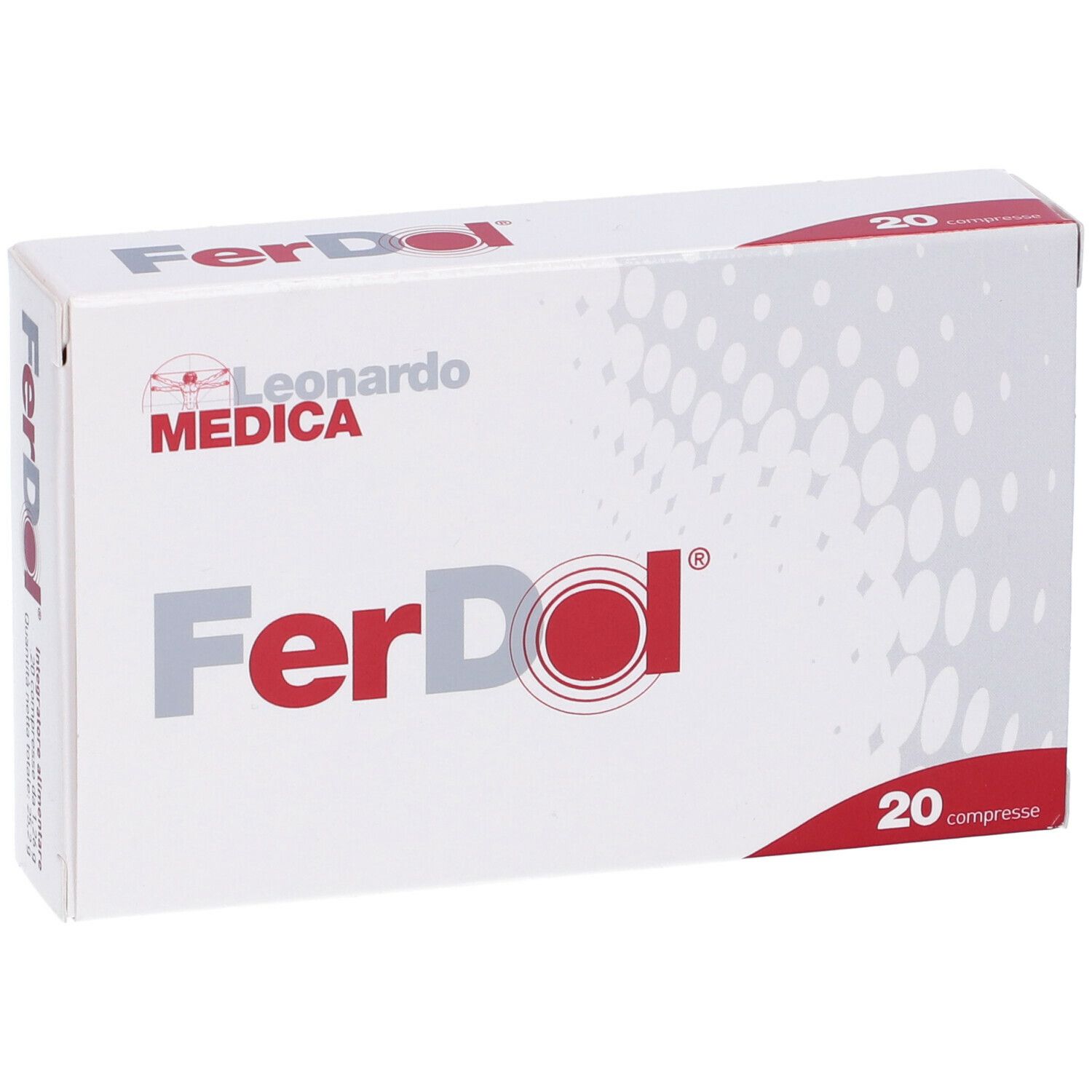 Weiße Ferdol-Verpackung mit rotem Logo und Schriftzug. Enthält 20 Tabletten. Marke Leonardo Medica.