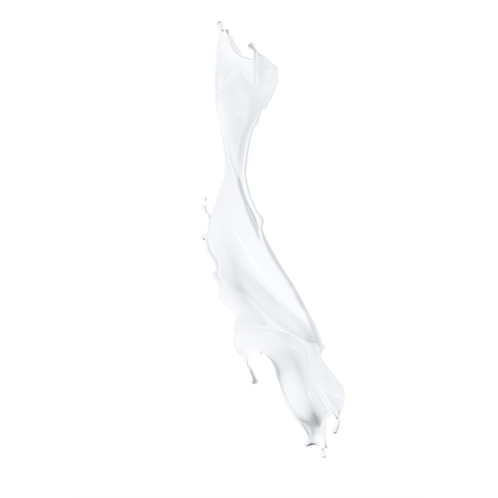 Éclaboussure de liquide blanc. L'éclaboussure est allongée et ondulée.