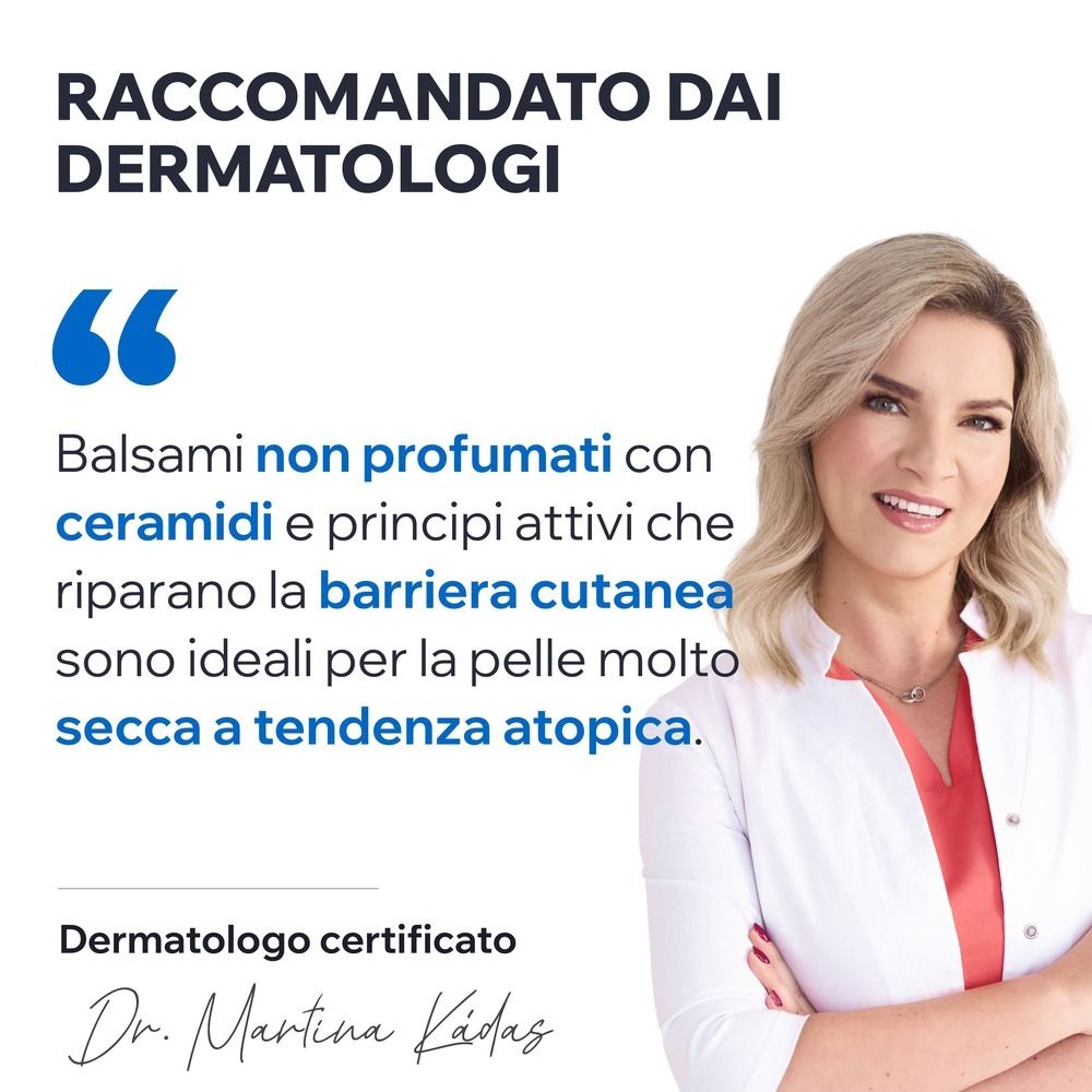 Frau mit weißem Kittel. Zitat: „Balsami non profumati con ceramidi... sono ideali per la pelle molto secca a tendenza atopica.“