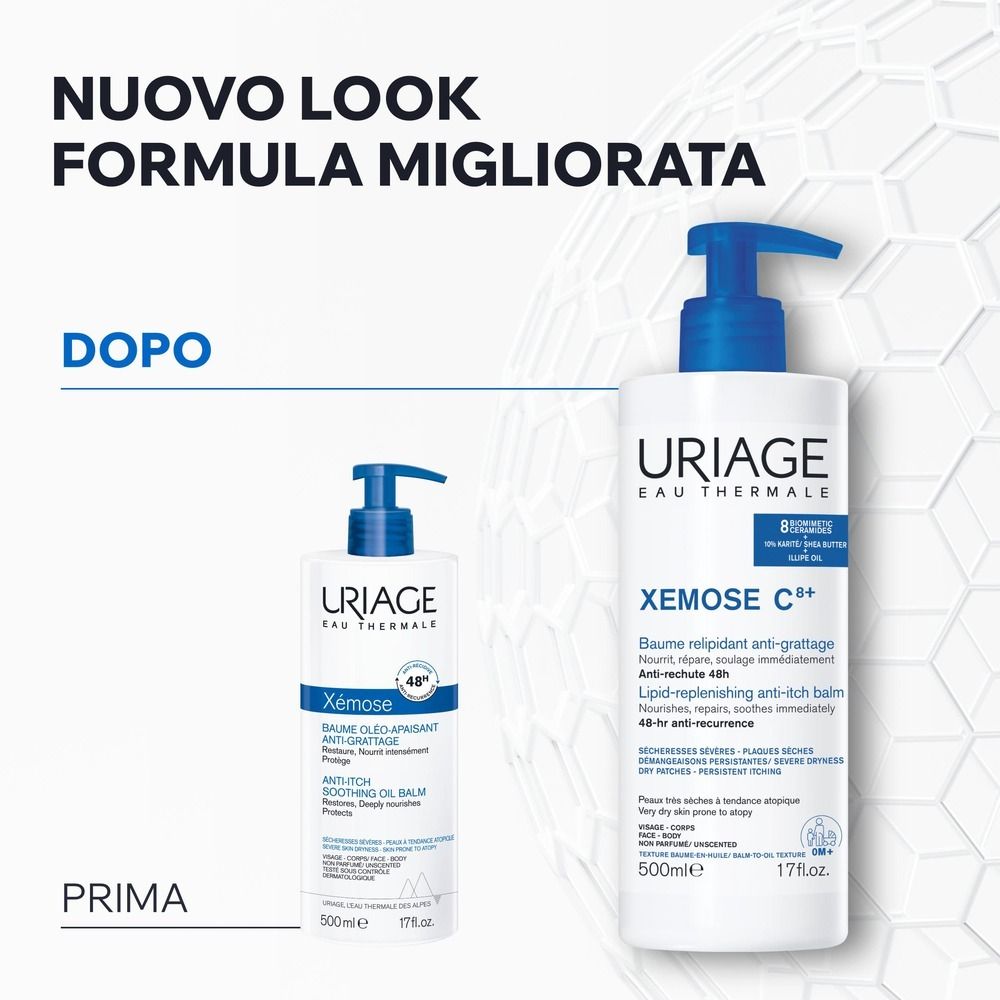Comparaison avant-après. Uriage Xémose Baume. Nouvelle formule. Flacon plus grand avec pompe.