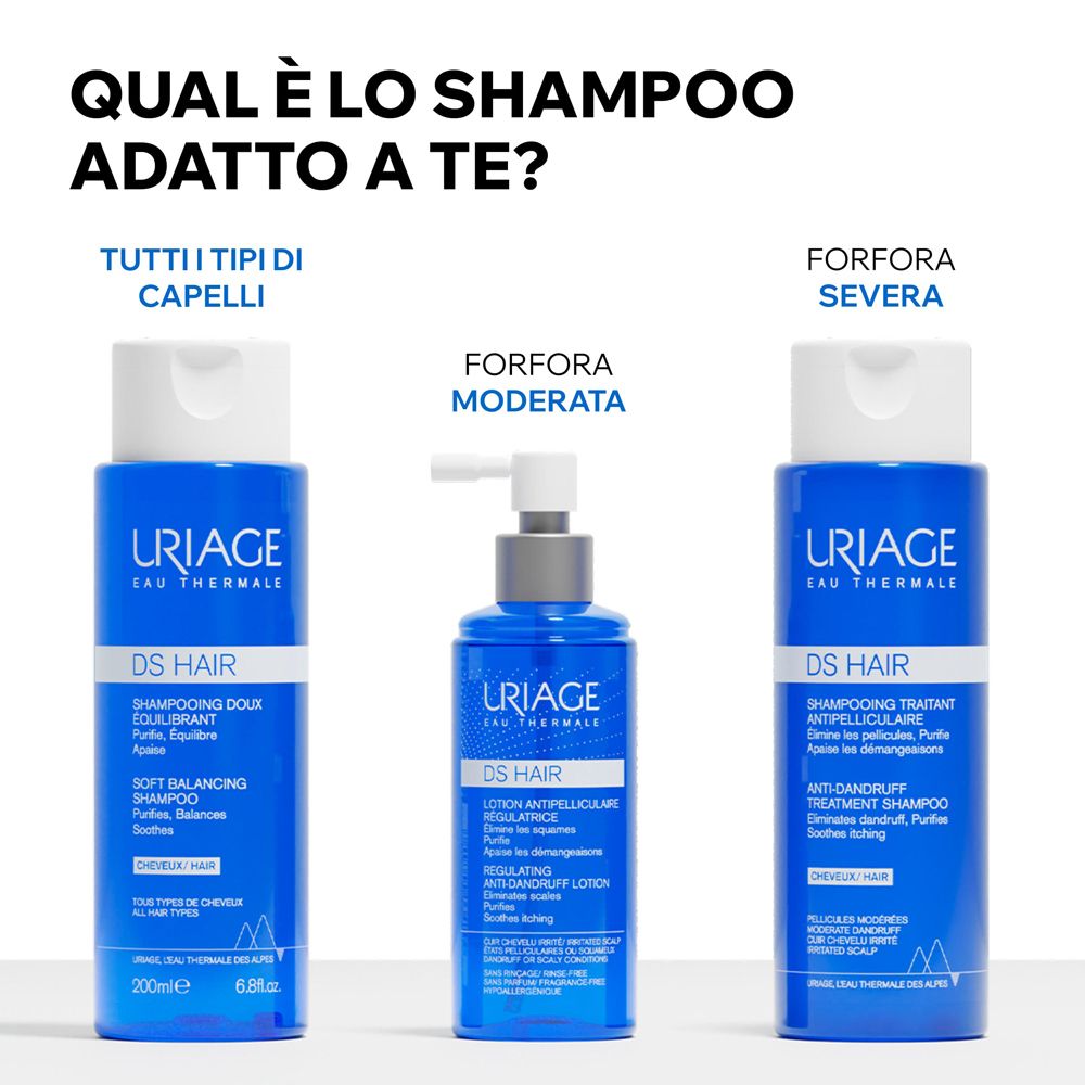 Drei Uriage DS Hair Shampoo-Flaschen. Für alle Haartypen, moderate Schuppen, schwere Schuppen.