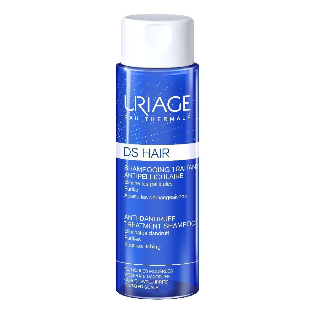 Flacon bleu avec bouchon blanc. Inscription: URIAGE, DS HAIR, shampooing antipelliculaire.