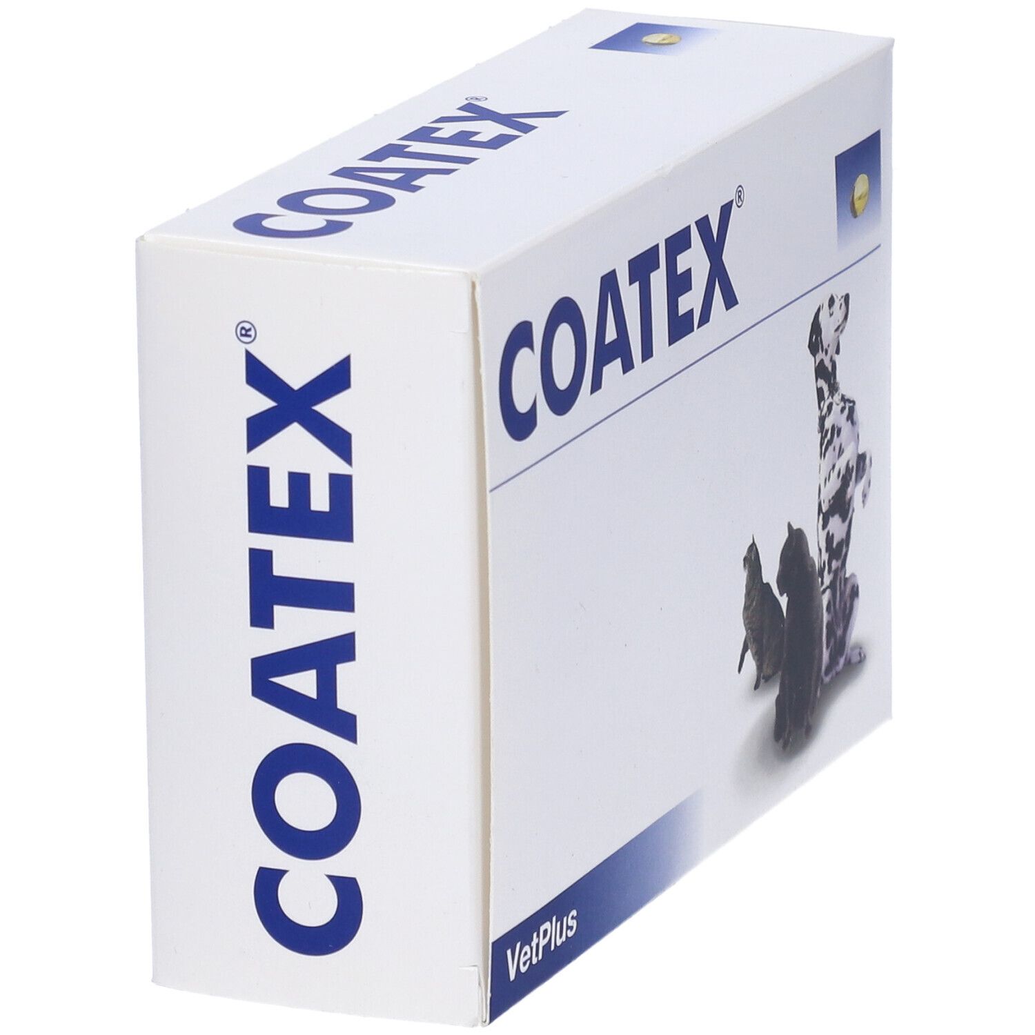 Weiße Schachtel mit blauer Aufschrift COATEX. Seitenansicht mit Katze, Hund und Kapsel. VetPlus Logo.