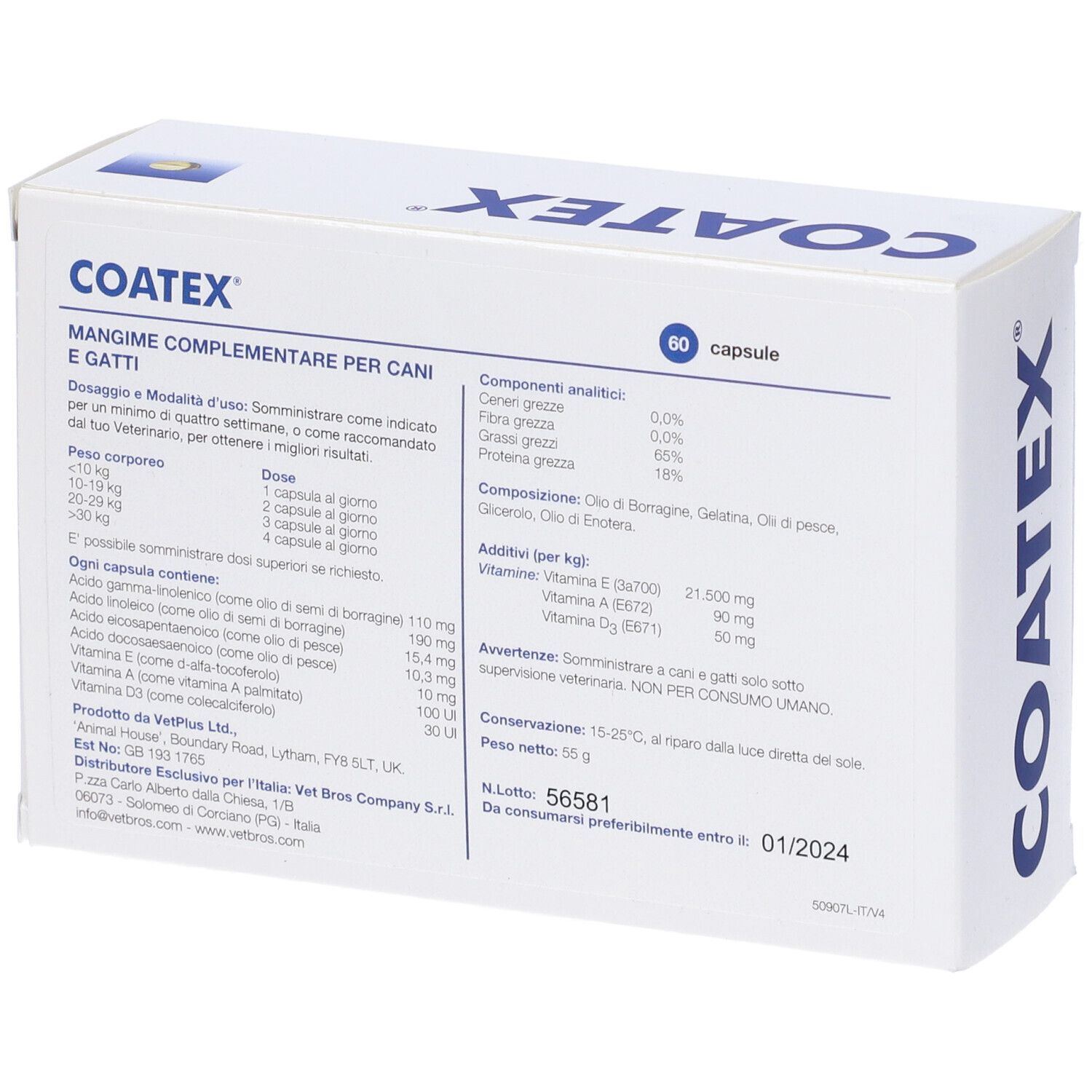 Weiße Schachtel mit blauer Aufschrift COATEX. Rückseite mit Inhaltsangaben und Nährwerttabelle. 60 Kapseln.