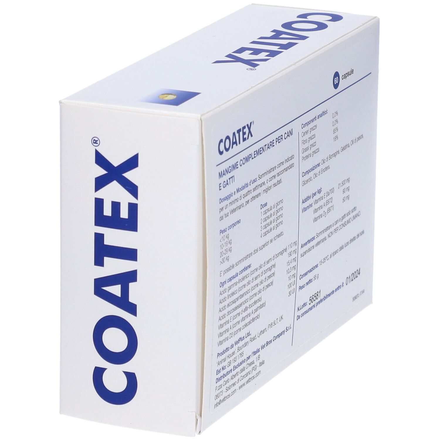 Weiße Schachtel mit blauer Aufschrift COATEX. Seitenansicht mit Inhaltsangaben und Nährwerttabelle. 60 Kapseln.