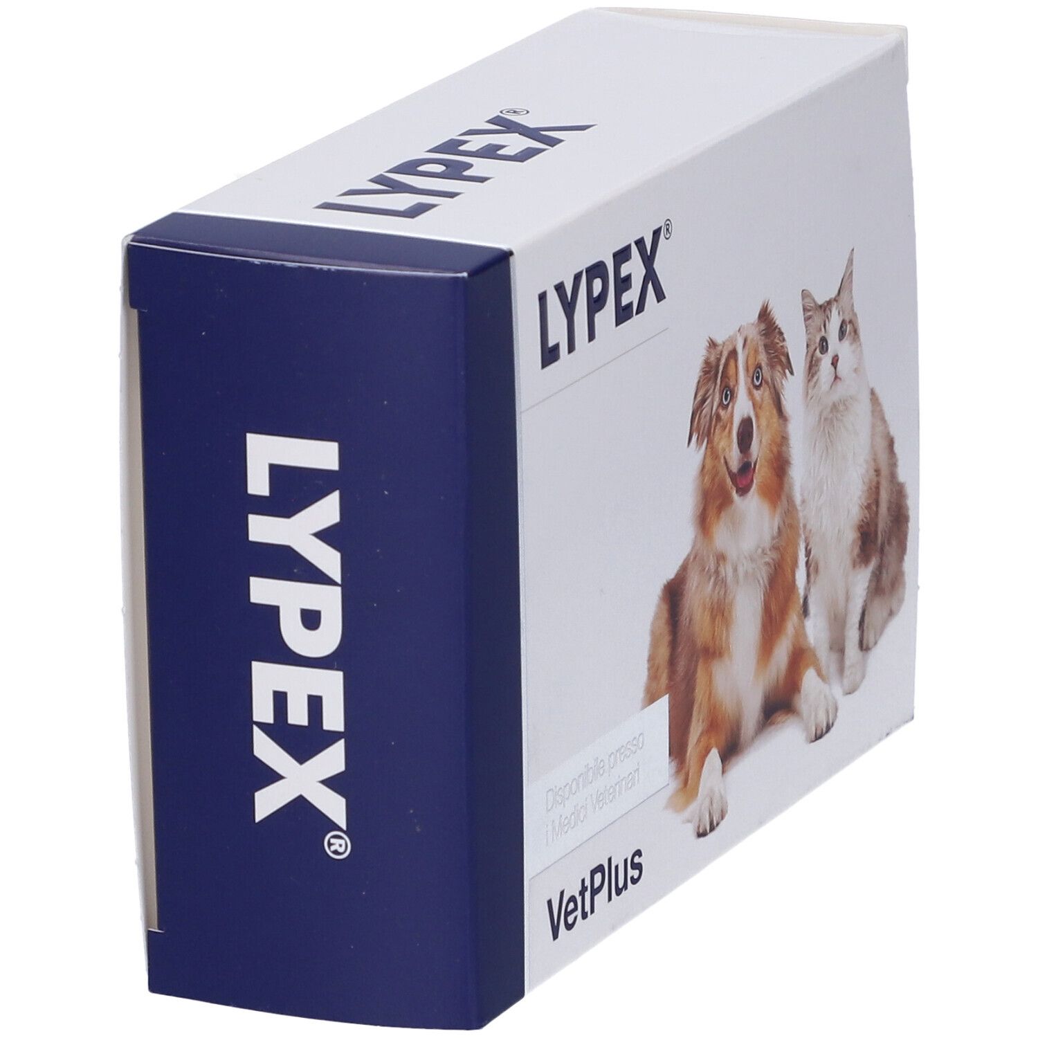 Boîte de Lypex. Un chien et un chat sont représentés. Le nom de la marque et VetPlus sont visibles. La boîte est en biais.