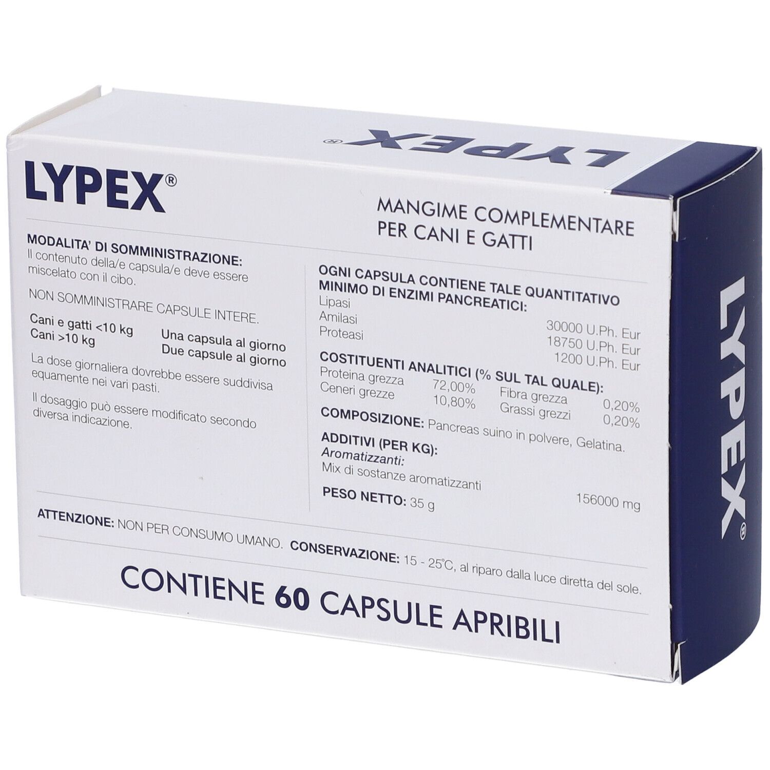 Boîte de Lypex. Un chien et un chat sont représentés. Texte et informations sur la boîte.