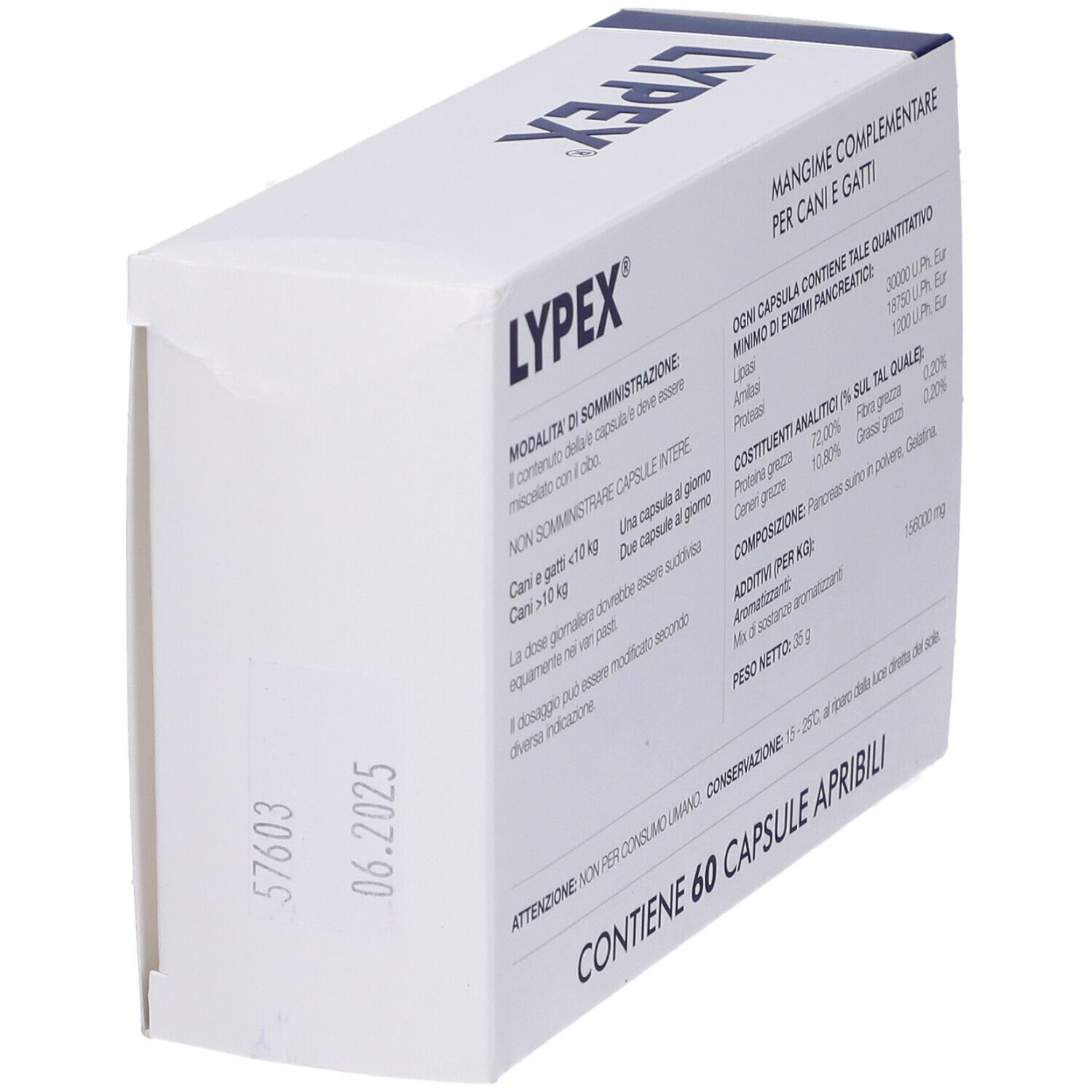 Boîte de Lypex. Un chien et un chat sont représentés. Texte et informations sur la boîte.