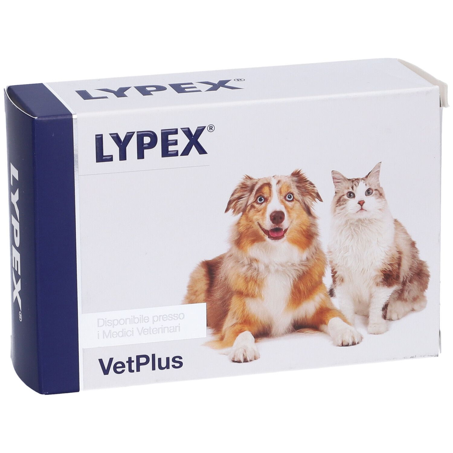 Boîte de Lypex. Un chien et un chat sont représentés. Le nom de la marque et VetPlus sont visibles.