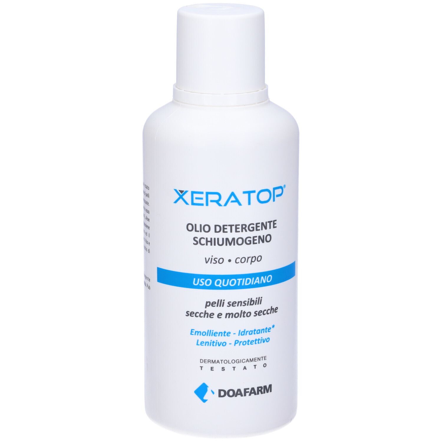 Weiße Flasche mit blauem Etikett. Text: XERATOP, Olio Detergente, viso+corpo, Uso Quotidiano. Für trockene und sehr trockene Haut.