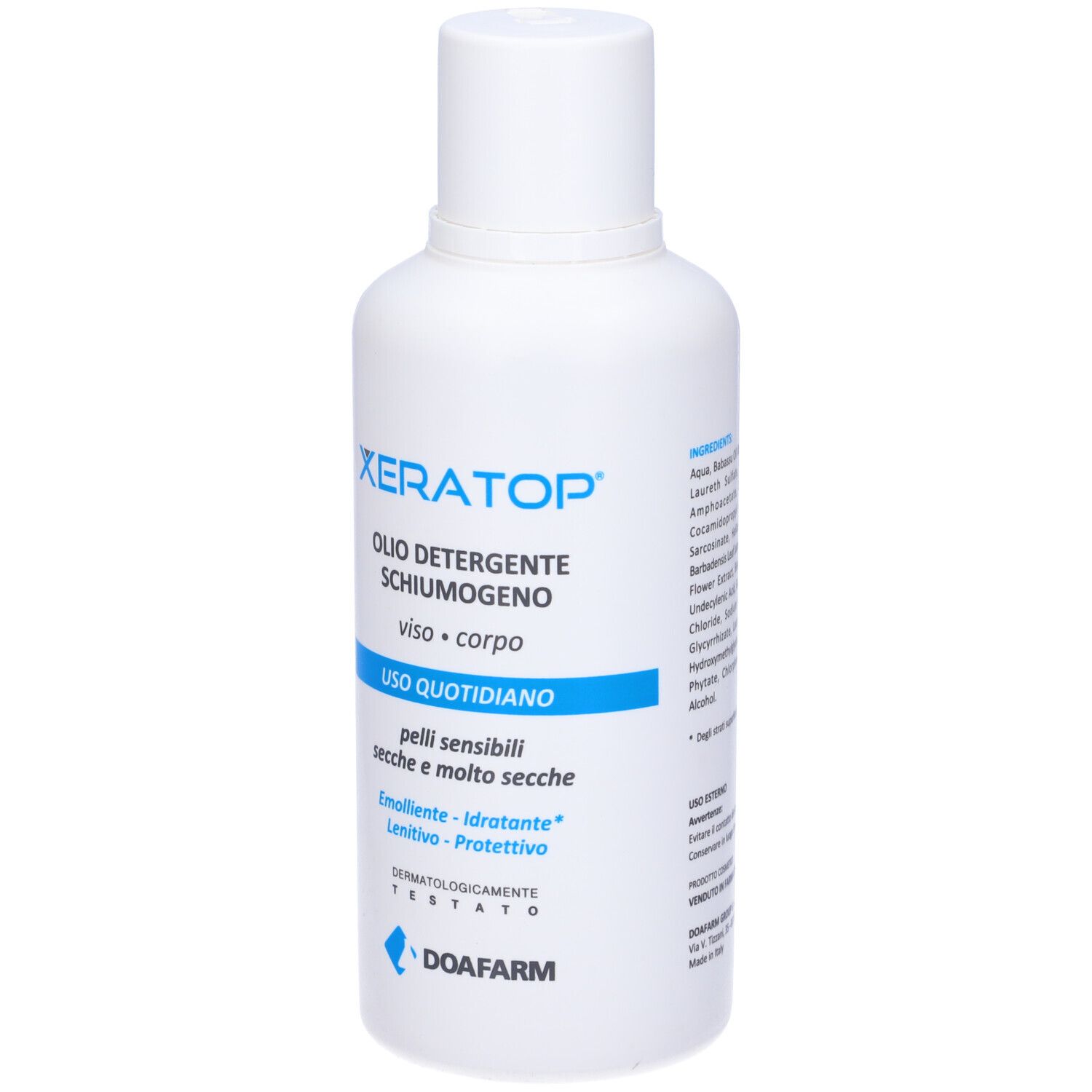 Weiße Flasche mit blauem Etikett. Text: XERATOP, Olio Detergente, viso+corpo, Uso Quotidiano. Für trockene und sehr trockene Haut.