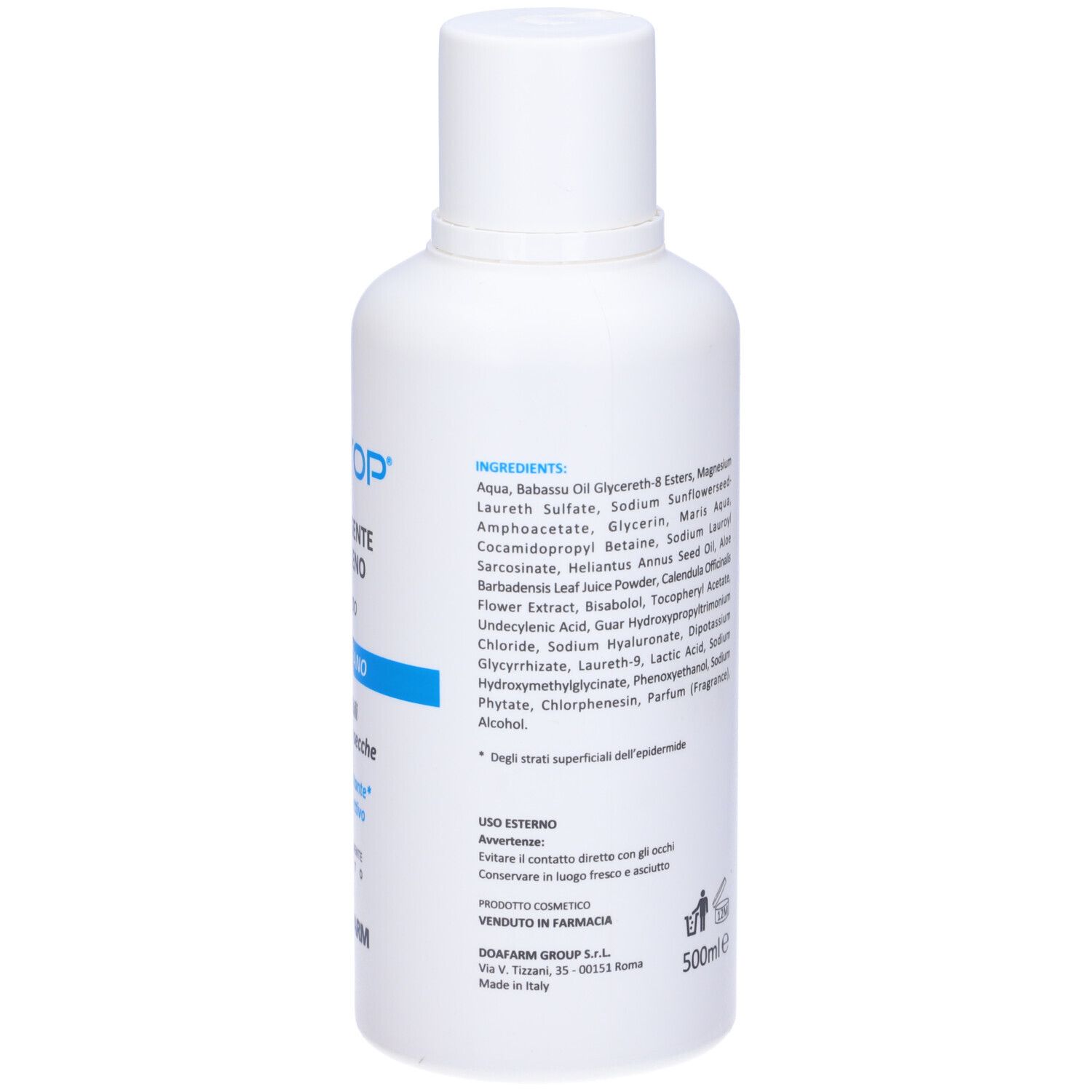 Weiße Flasche mit blauem Etikett. Text: XERATOP, Olio Detergente, viso+corpo, Uso Quotidiano. Rückseite mit Inhaltsstoffen und Herstellerinformationen.