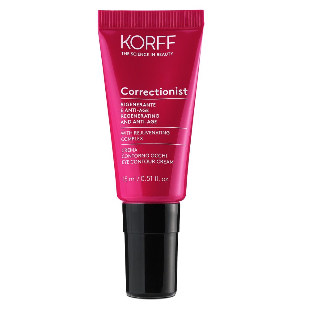 Rote Tube mit schwarzem Deckel. Aufschrift: KORFF, Correctionist Augencreme, 15 ml.