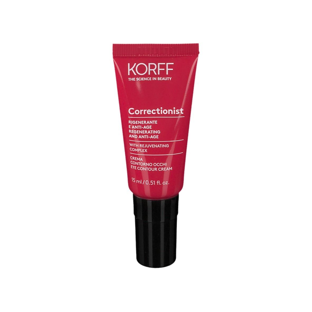 Rote Tube mit schwarzem Deckel. Aufschrift: KORFF, Correctionist Augencreme, 15 ml.