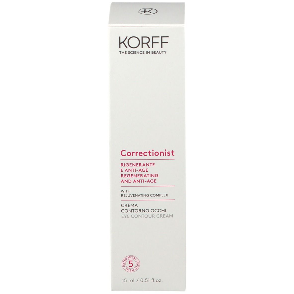 Karton. Aufschrift: KORFF, Correctionist Augencreme, 15 ml. Mit Zertifizierung.