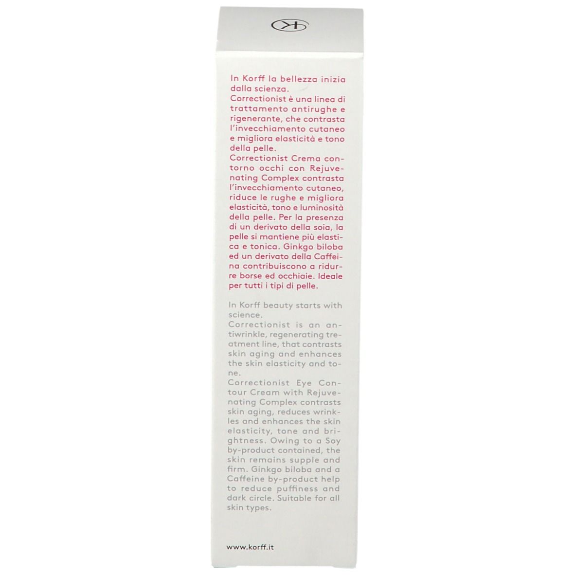 Karton. Text: In Korff beginnt die Schönheit der Wissenschaft. Beschreibung des Produkts.