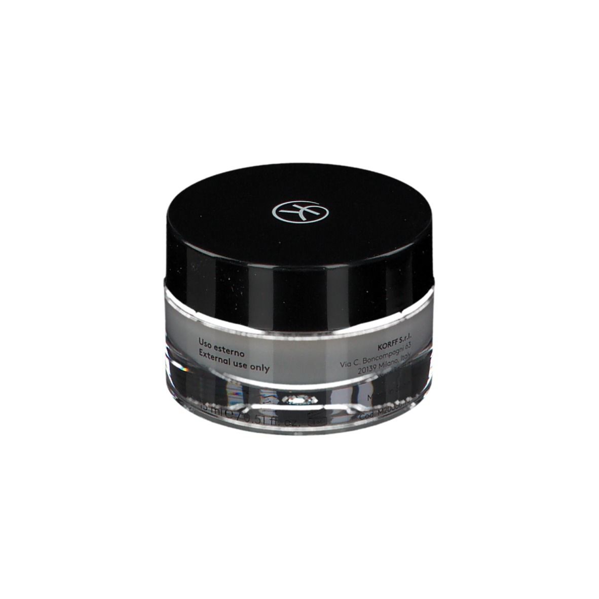 Crème pour les yeux KORFF. Pot en verre avec couvercle noir. Logo. Texte : Superlative, crème contour des yeux. Complexe nourrissant.