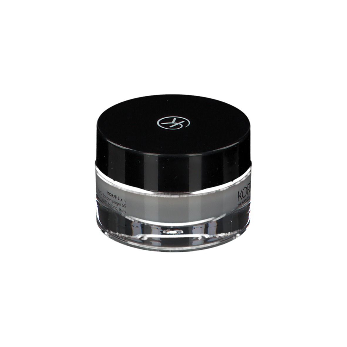 Crème pour les yeux KORFF. Pot en verre avec couvercle noir. Logo. Texte : Superlative, crème contour des yeux. Complexe nourrissant.