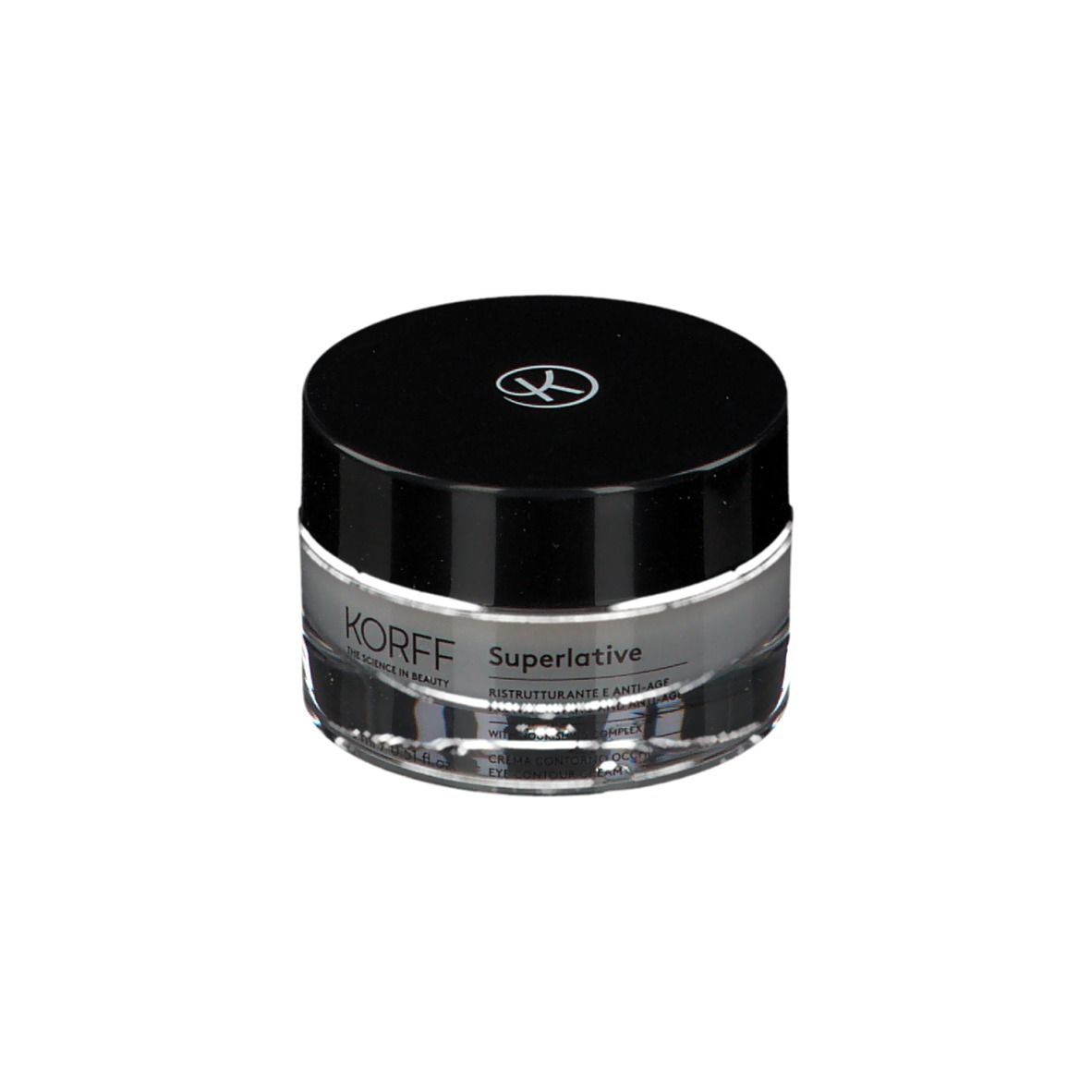 Crème pour les yeux KORFF. Pot en verre avec couvercle noir. Logo. Texte : Superlative, crème contour des yeux. Complexe nourrissant.