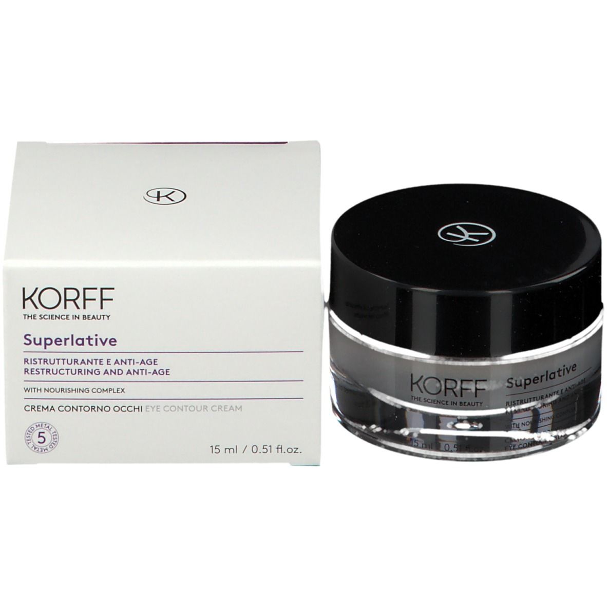 Crème pour les yeux KORFF. Pot en verre avec couvercle noir. Logo. Texte : Superlative, crème contour des yeux. Complexe nourrissant.