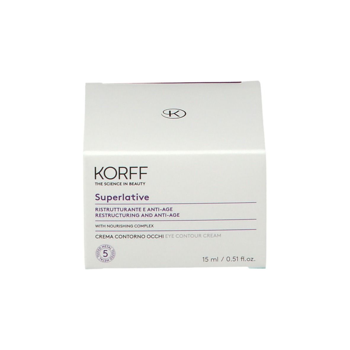 KORFF crème pour les yeux et emballage. Texte : Superlative, crème contour des yeux. 15 ml. Complexe nourrissant. Emballage avec logo.