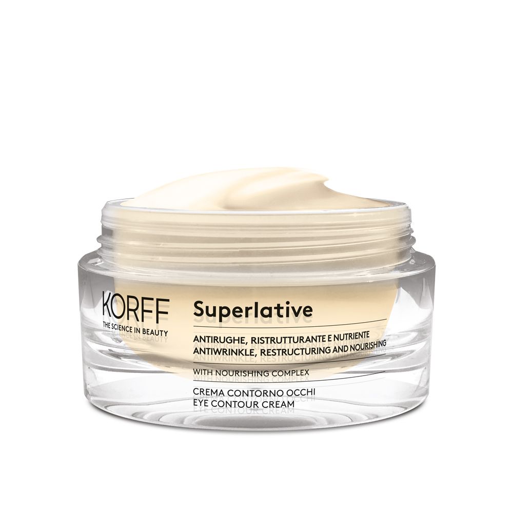 Crème pour les yeux KORFF. Pot en verre avec couvercle noir. Crème visible. Texte : Superlative, crème contour des yeux. Complexe nourrissant.