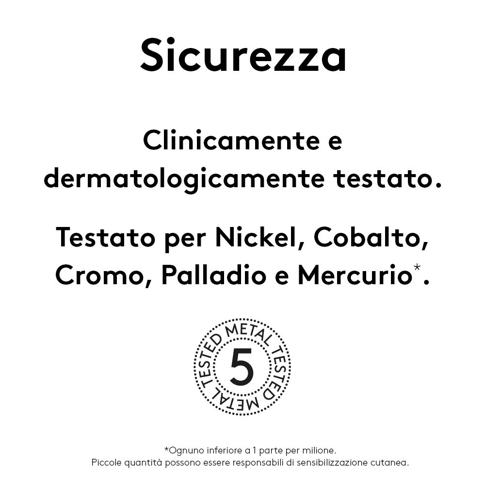 Texte : Sécurité. Testé cliniquement et dermatologiquement. Testé pour le nickel, le cobalt, le chrome, le palladium et le mercure.