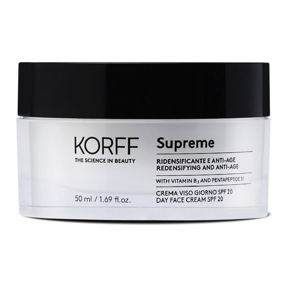 Creme-Tiegel mit schwarzem Deckel. Aufschrift: KORFF Supreme. Tagescreme SPF 20. 50 ml.