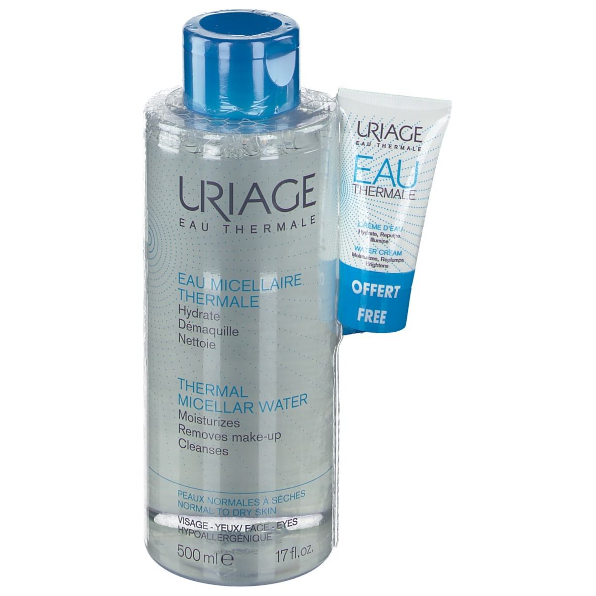 Flacon transparent avec bouchon bleu et tube blanc. Inscription: URIAGE, EAU THERMALE. Inclus: Crème d'eau.