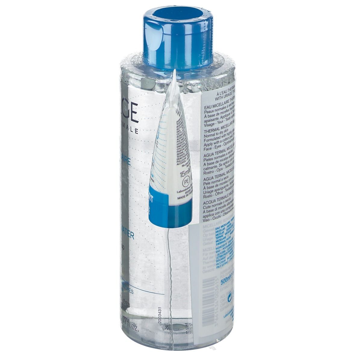 Flacon transparent avec bouchon bleu. Inscription: URIAGE, EAU THERMALE. Informations produit au dos.