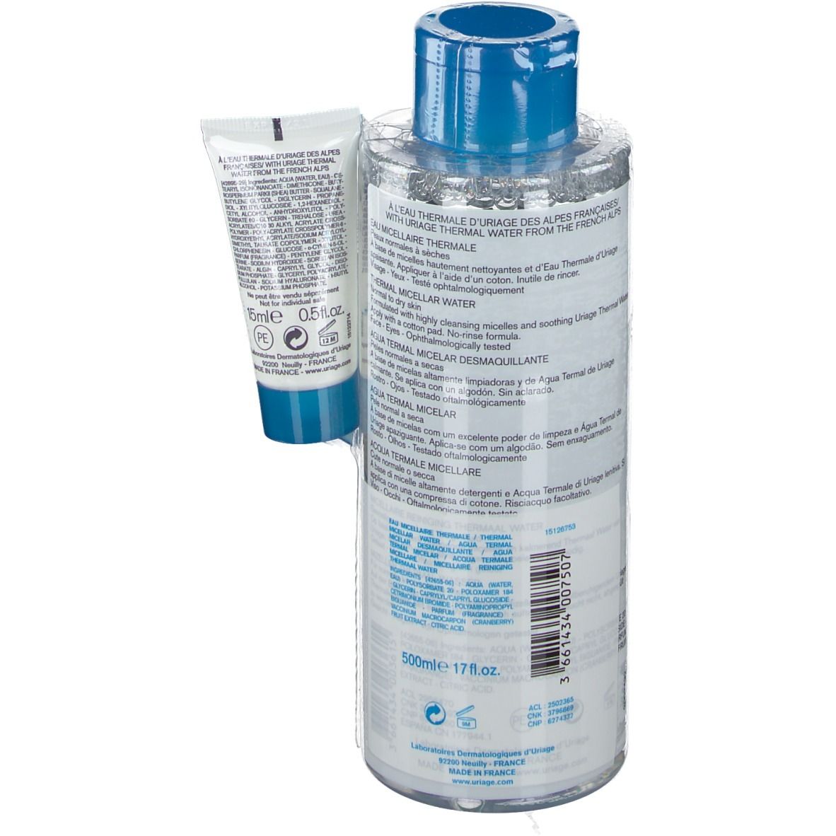 Flacon transparent avec bouchon bleu et tube blanc. Inscription: URIAGE, EAU THERMALE. Informations produit au dos.