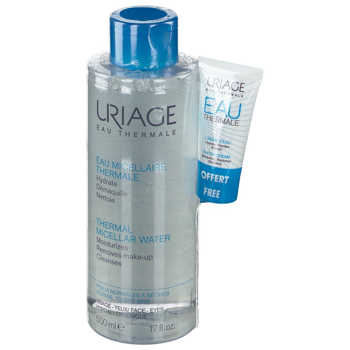 Flacon transparent avec bouchon bleu et tube blanc. Inscription: URIAGE, EAU THERMALE. Inclus: Crème d'eau.
