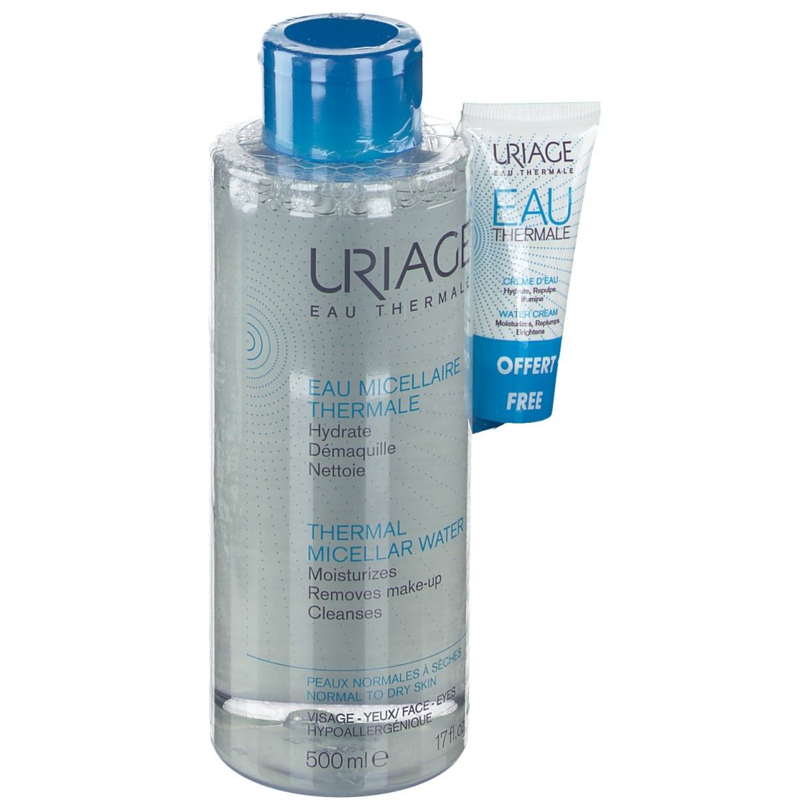 Flacon transparent avec bouchon bleu et tube blanc. Inscription: URIAGE, EAU THERMALE. Inclus: Crème d'eau.