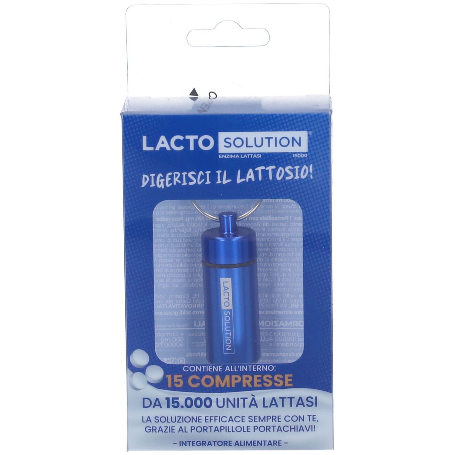 Lacto Solution blauer Schlüsselanhänger-Behälter mit 15 Laktase-Tabletten.