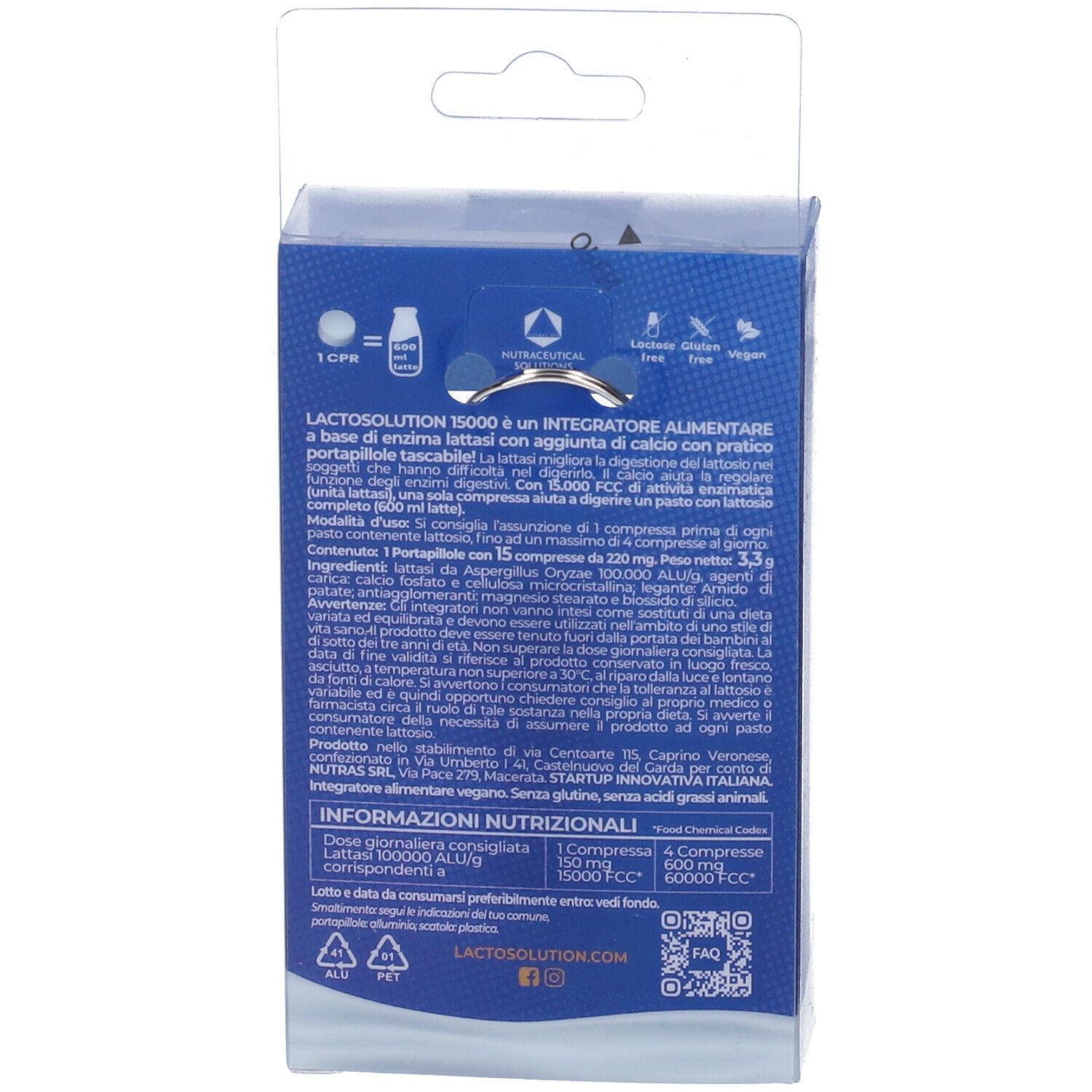 Lactoflora Lactosolution 15000 Nahrungsergänzungsmittel-Verpackung, mit Enzymen.
