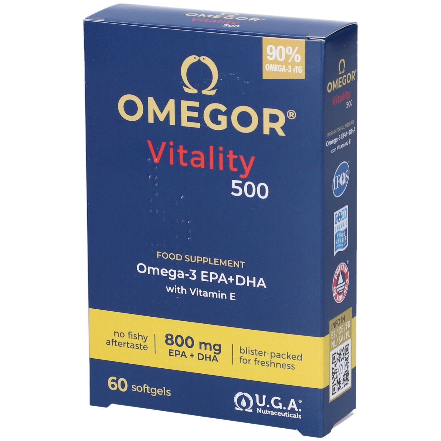 Boîte OMEGOR Vitality 500. Inscription : Omega-3 EPA+DHA avec vitamine E. 60 gélules. Marque U.G.A. Nutraceuticals. Emballage bleu.