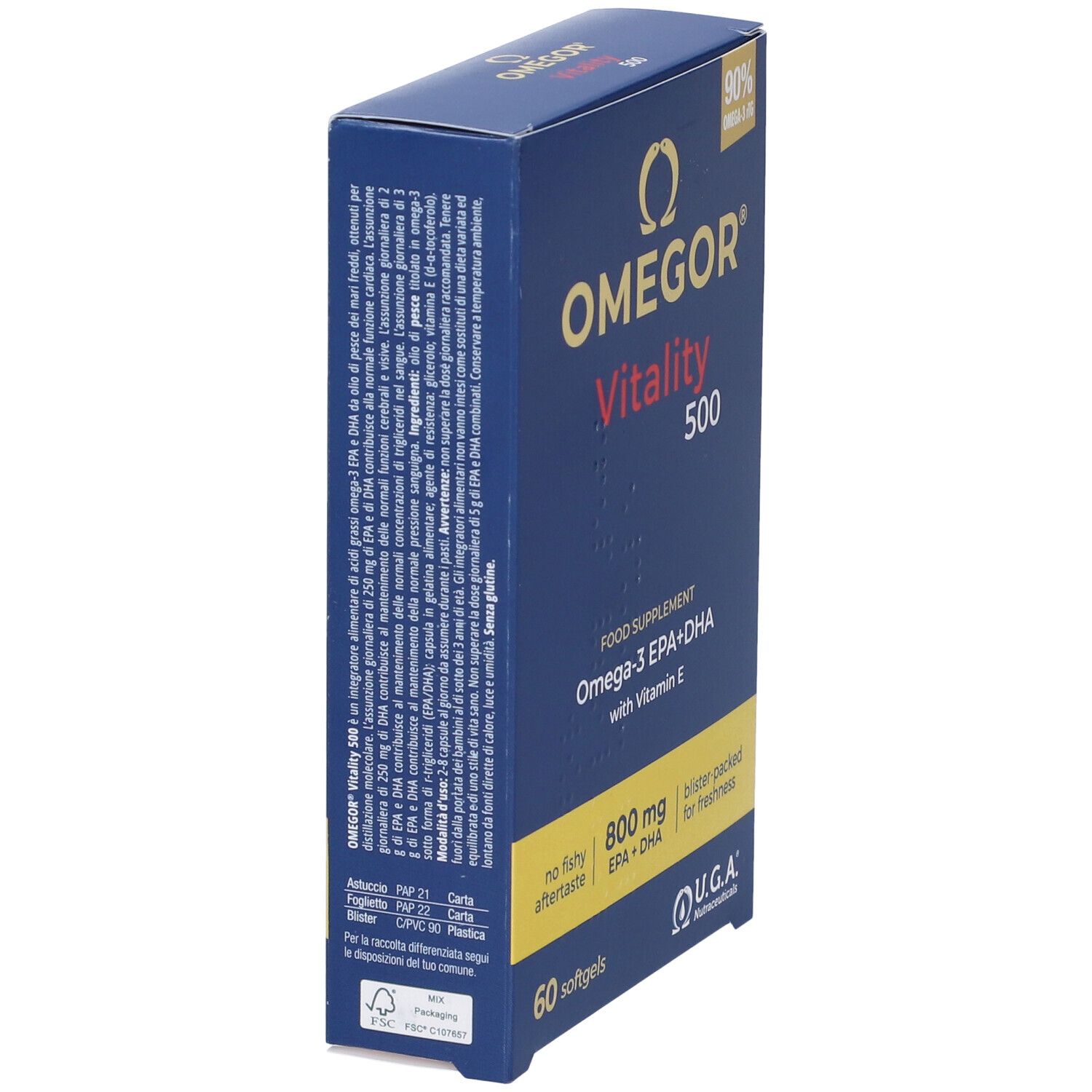 Vue latérale de la boîte OMEGOR Vitality 500. Informations produit et texte sur fond bleu. 60 gélules. U.G.A. Nutraceuticals.