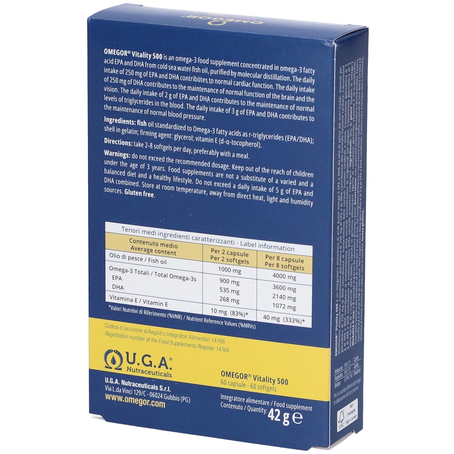 Dos de la boîte OMEGOR Vitality 500. Informations sur les ingrédients, la valeur nutritionnelle et l'utilisation. U.G.A. Nutraceuticals.